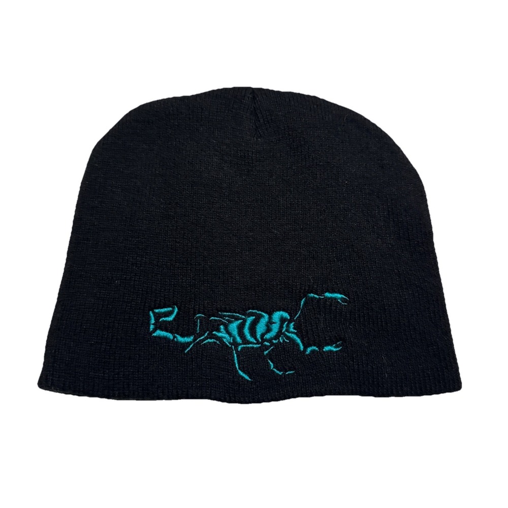 Black Knit Beanie Hat Teal Scorpion Embroidered Skull Cap Winter‎ One Size